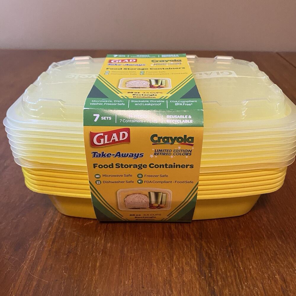 Glad 6 Containers Retired Crayola Yellow Dandelion Take Away w/ 5 Lids 28oz